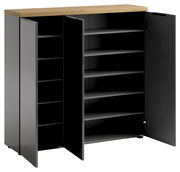 Offener XL-Schuhschrank mit mehreren Regalböden, dunkle Türen und helle Holzoberfläche, Frontalansicht