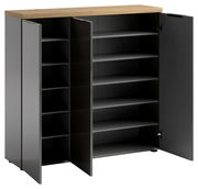 Offener XL-Schuhschrank mit mehreren Regalböden, dunkle Türen und helle Holzoberfläche, Frontalansicht