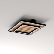 Moderne quadratische LED-Deckenleuchte in Schwarz-Weiß mit Holzlamellen-Optik, Ansicht schräg von unten
