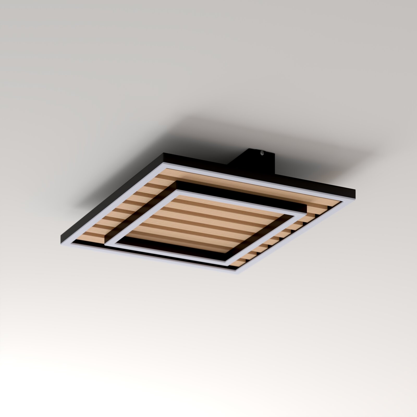 Novel LED-Deckenleuchte DECKENLEUCHTE Moderne quadratische LED-Deckenleuchte in Schwarz-Weiß mit Holzlamellen-Optik, Ansicht schräg von unten