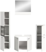 Badezimmermöbel-Set bestehend aus einem großen Spiegel, einem hohen Schrank mit Glastür, einem Waschbeckenunterschrank und einem weiteren hohen Schrank mit zwei Türen, frontal betrachtet.