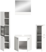 Badezimmermöbel-Set bestehend aus einem großen Spiegel, einem hohen Schrank mit Glastür, einem Waschbeckenunterschrank und einem weiteren hohen Schrank mit zwei Türen, frontal betrachtet.