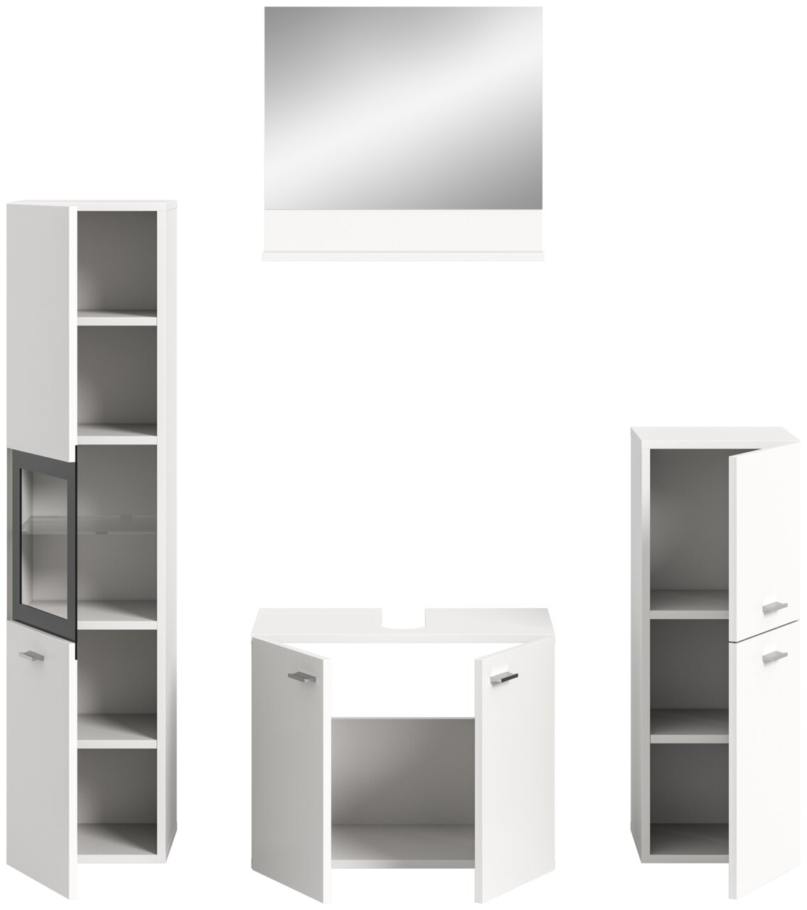 Badezimmermöbel-Set bestehend aus einem großen Spiegel, einem hohen Schrank mit Glastür, einem Waschbeckenunterschrank und einem weiteren hohen Schrank mit zwei Türen, frontal betrachtet.