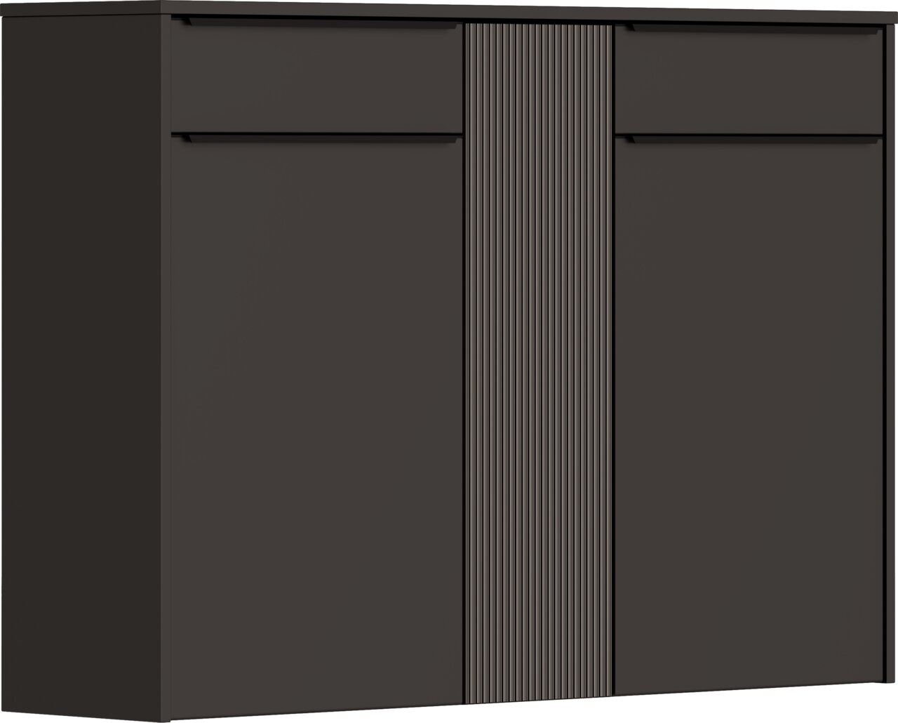 Dieter Knoll XL-Hängeschuhschrank TURIN Vorderansicht eines XL-Hängeschuhschranks in dunkler Farbe mit zwei Türen und einem geriffelten Mittelteil.
