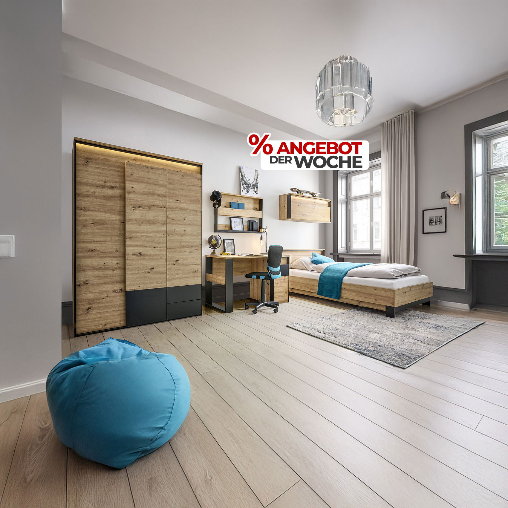 Modern eingerichtetes Jugendzimmer mit Holzbett, großem Kleiderschrank und integriertem Schreibtisch in Eichenoptik