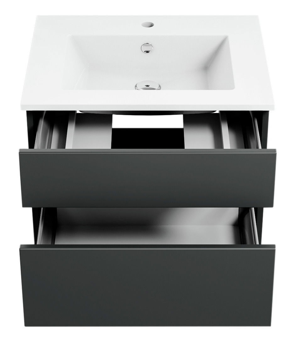 Moderne Badkombination mit Waschbecken und zwei offenen Schubladen, Ansicht von vorne