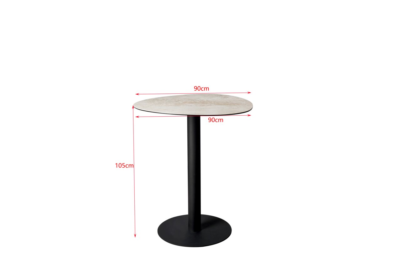 Ronde bartafel met zwart onderstel en lichtgekleurd tafelblad, zijaanzicht, afmetingen: diameter 90 cm, hoogte 105 cm