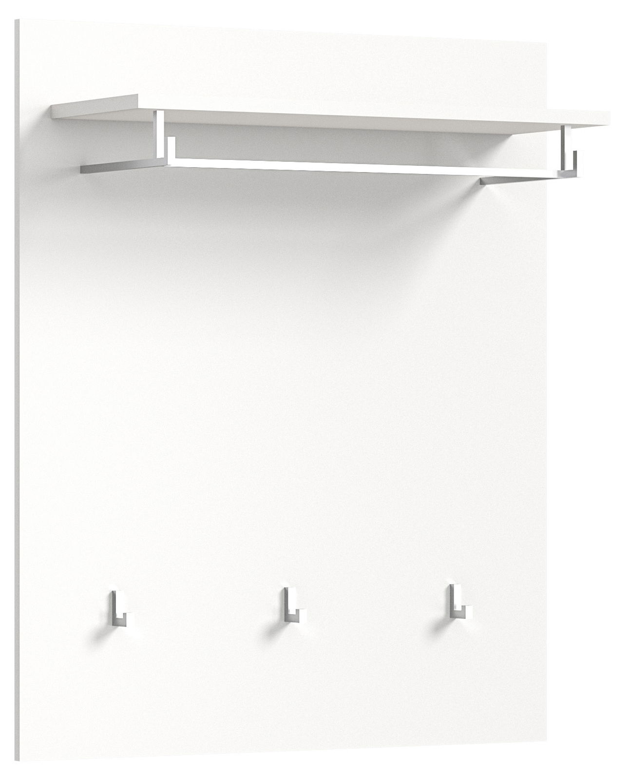 Weißes Garderobenpaneel mit drei Haken und einer Ablage, seitliche Perspektive