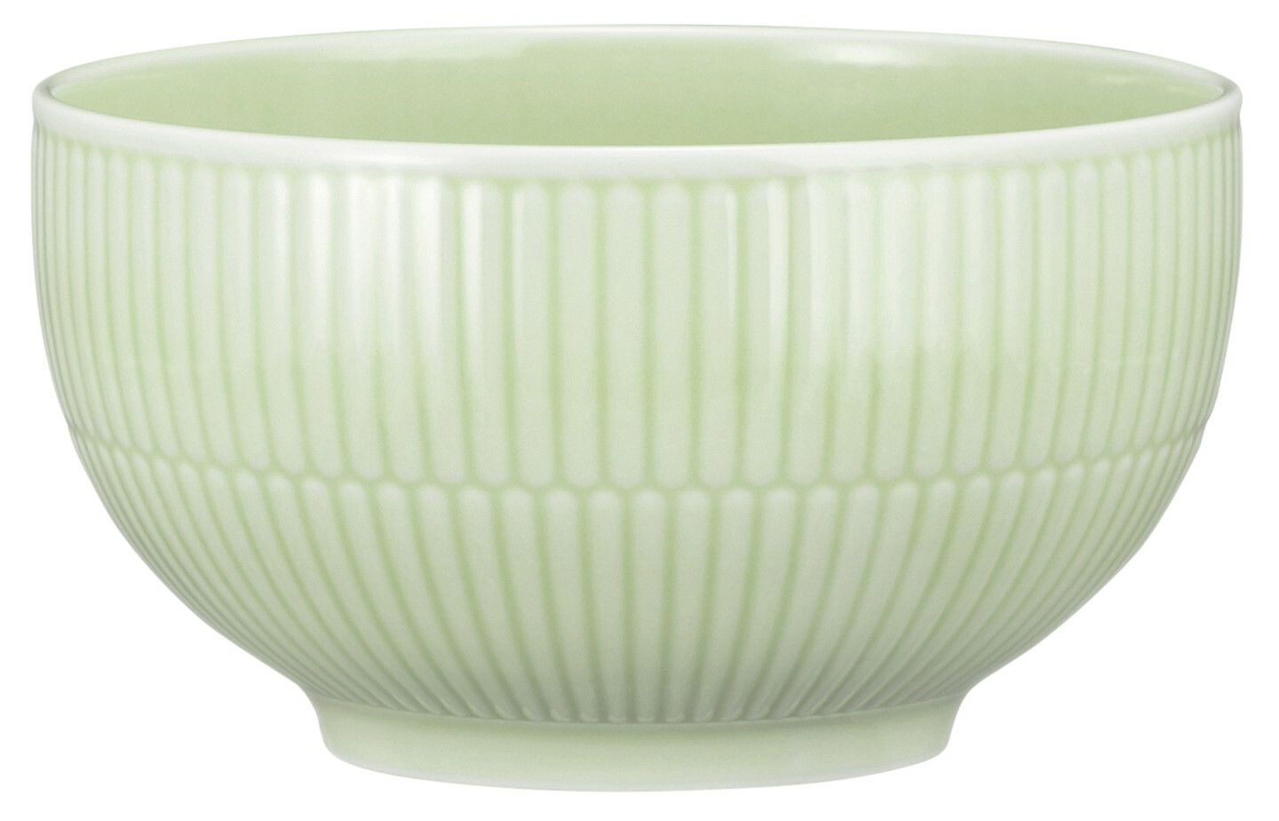 Müslischale 15 cm in Seladon-Grün mit geriffeltem Design, seitliche Perspektive