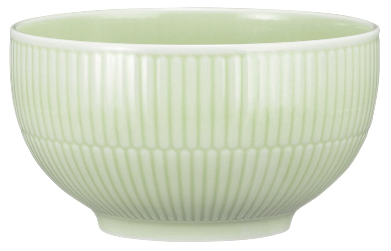 Müslischale 15 cm in Seladon-Grün mit geriffeltem Design, seitliche Perspektive