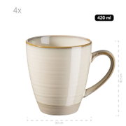 Keramikbecher in Cremeweiß mit braunem Rand und Henkel, 420 ml Fassungsvermögen, ca. 10,5 cm hoch und 9,5 cm breit, freigestellt auf weißem Hintergrund, Ansicht leicht von vorne