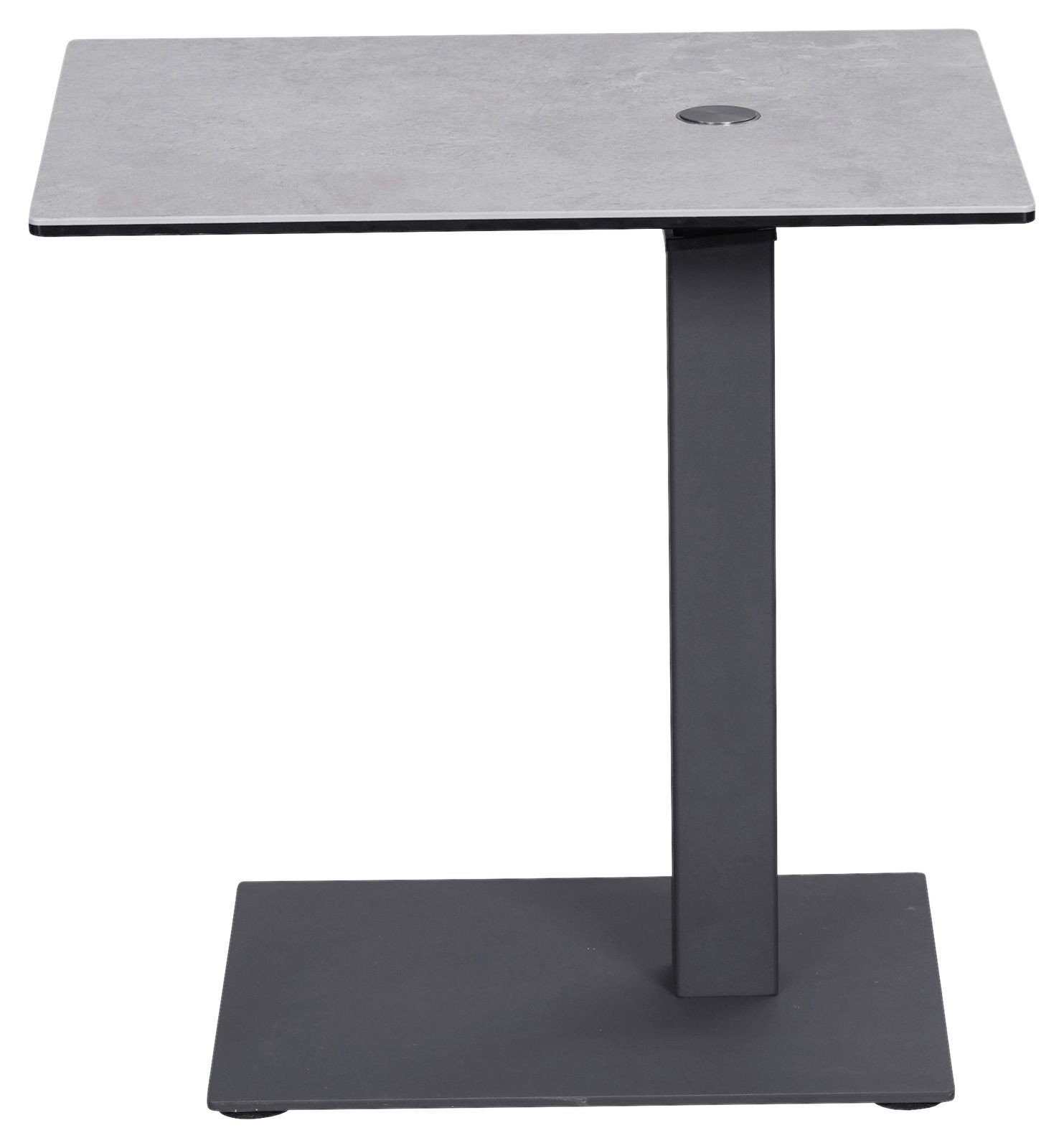Moderner Beistelltisch mit rechteckiger grauer Tischplatte und schwarzem Metallgestell, seitliche Perspektive