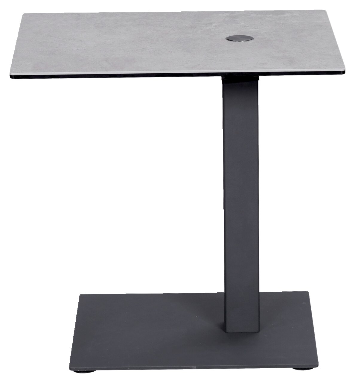 Moderner Beistelltisch mit rechteckiger grauer Tischplatte und schwarzem Metallgestell, seitliche Perspektive