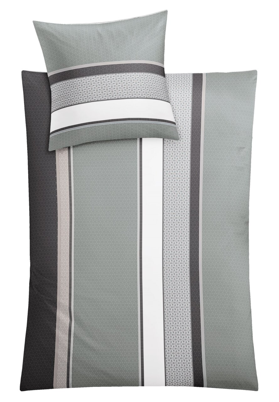 Bettwäsche-Set mit Streifenmuster in Grau- und Weißtönen, Draufsicht