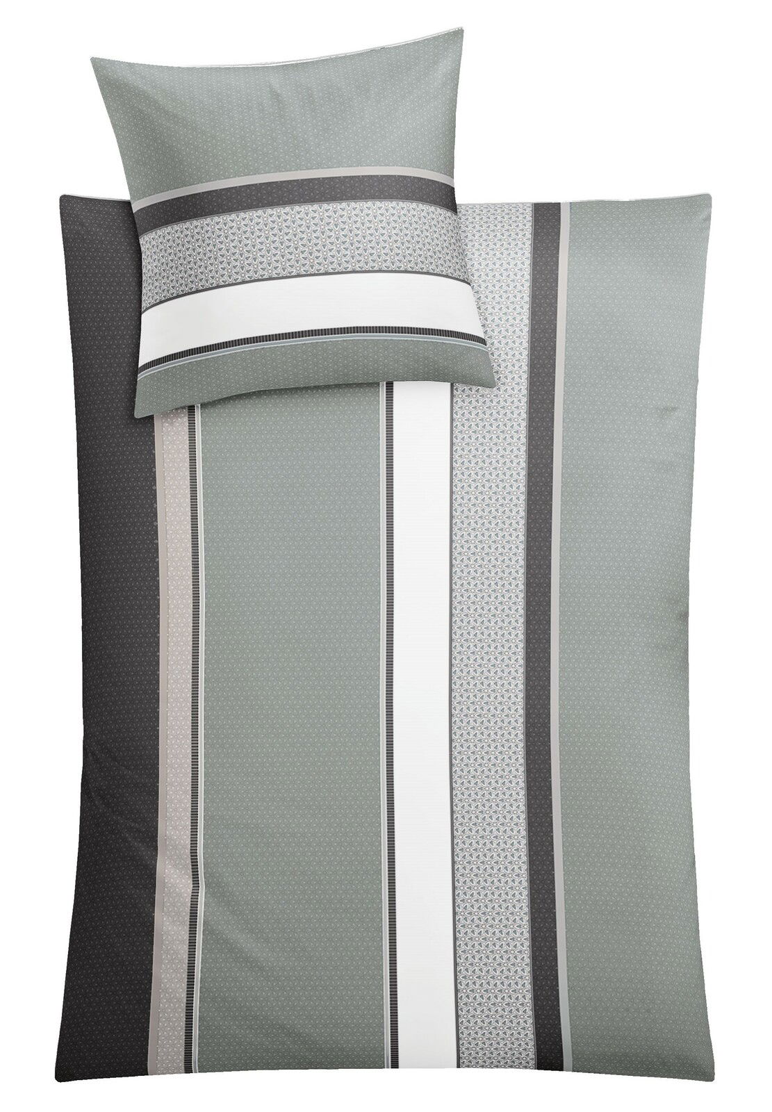 Bettwäsche-Set mit Streifenmuster in Grau- und Weißtönen, Draufsicht