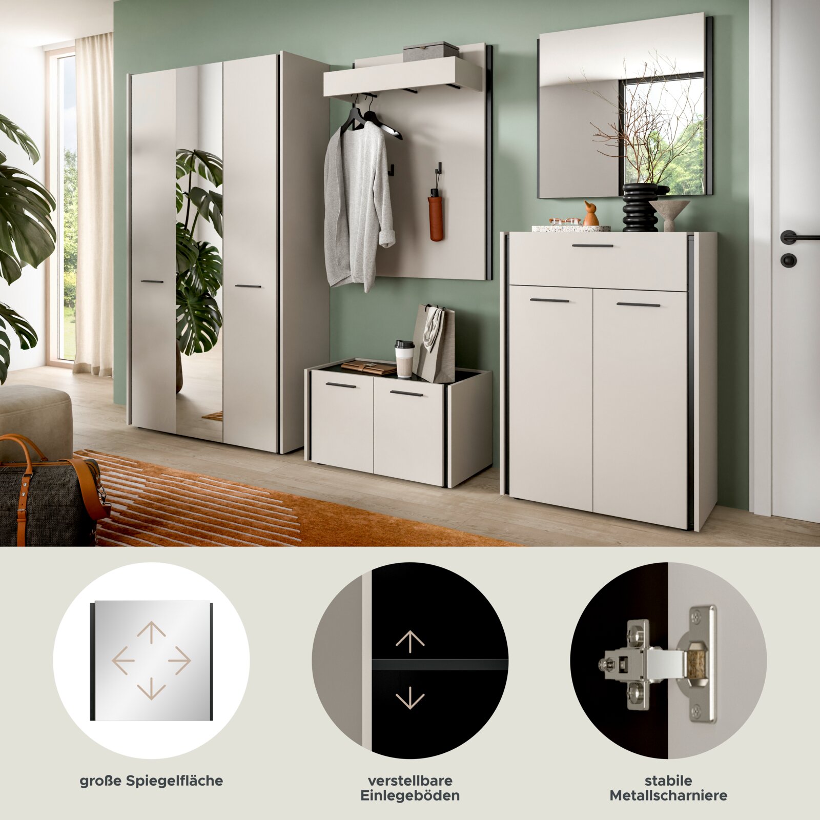 Modernes Flurmöbel-Set in Weiß mit Garderobenpaneel, Schuhschrank, Kommode und Kleiderschrank mit großer Spiegelfläche, gezeigt in frontaler Perspektive im Eingangsbereich; Details: verstellbare Einlegeböden und stabile Metallscharniere.