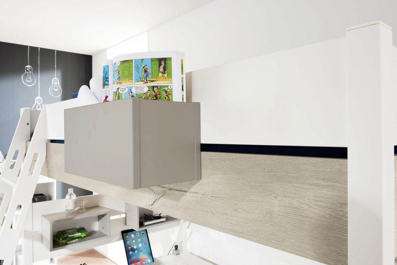 Bettbox in modernem Design mit grauer Front und Holzoptik, seitliche Perspektive