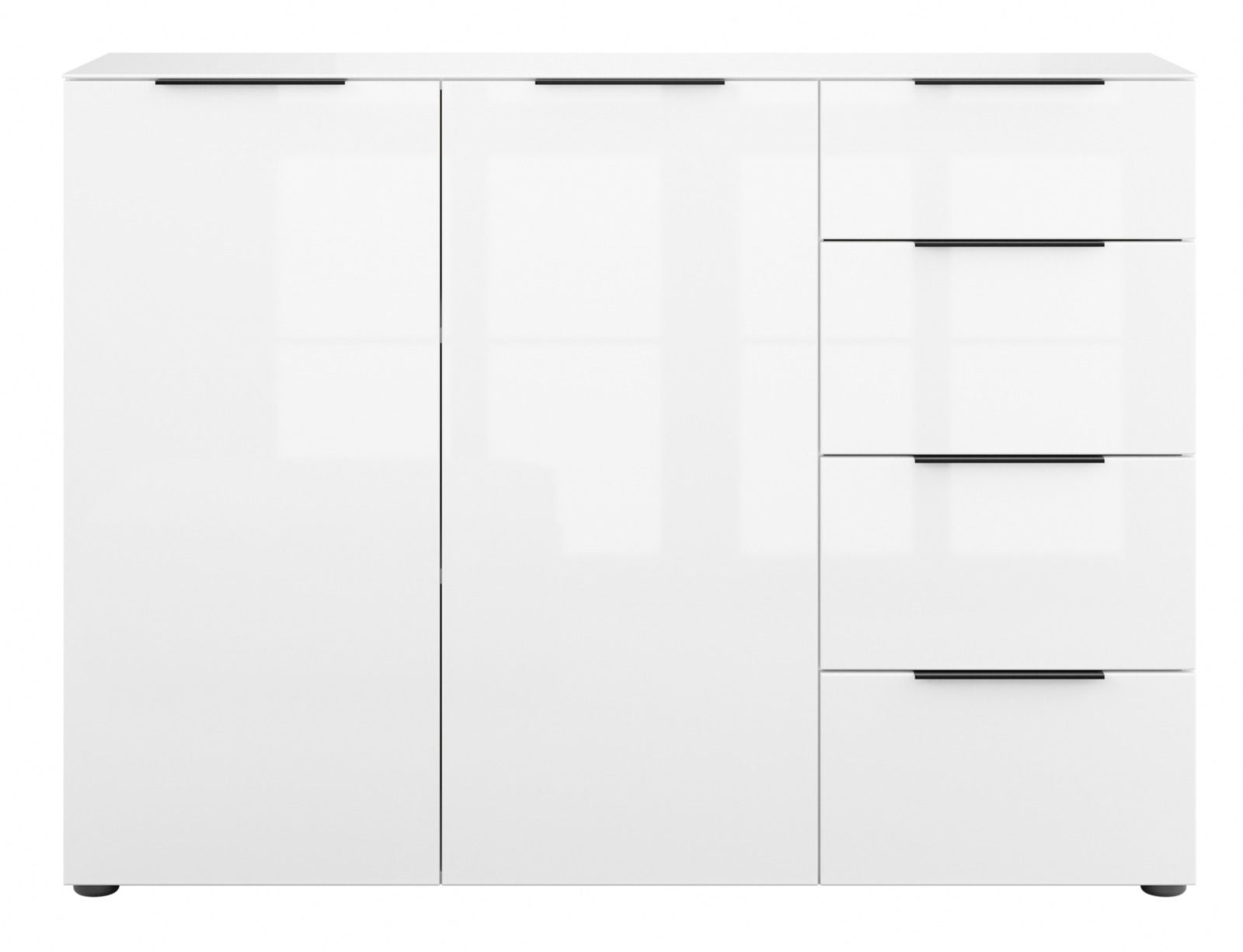 Weißes Sideboard mit zwei Türen und vier Schubladen, frontale Ansicht