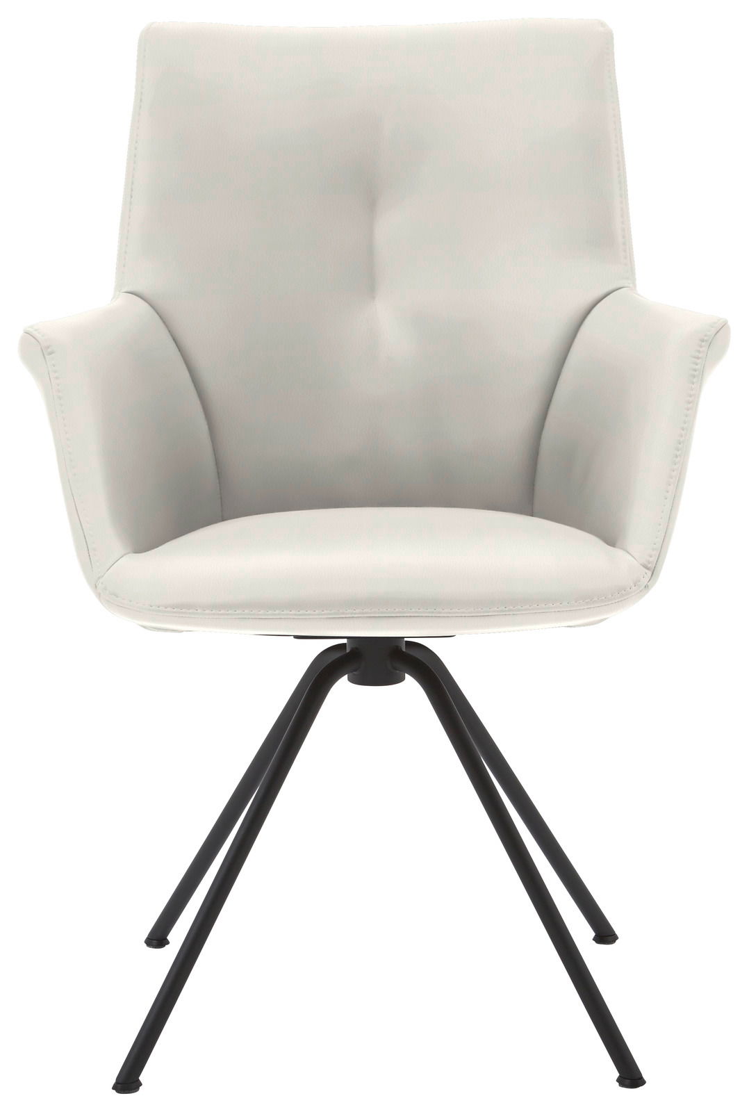 Moderner Sessel mit hellgrauem Bezug und schwarzen Metallbeinen, Frontalansicht