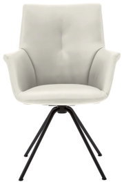 Moderne fauteuil met lichtgrijze bekleding en zwarte metalen poten, vooraanzicht