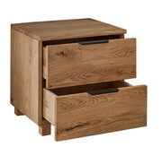 Nachtkommode aus Holz mit zwei offenen Schubladen, seitliche Perspektive
