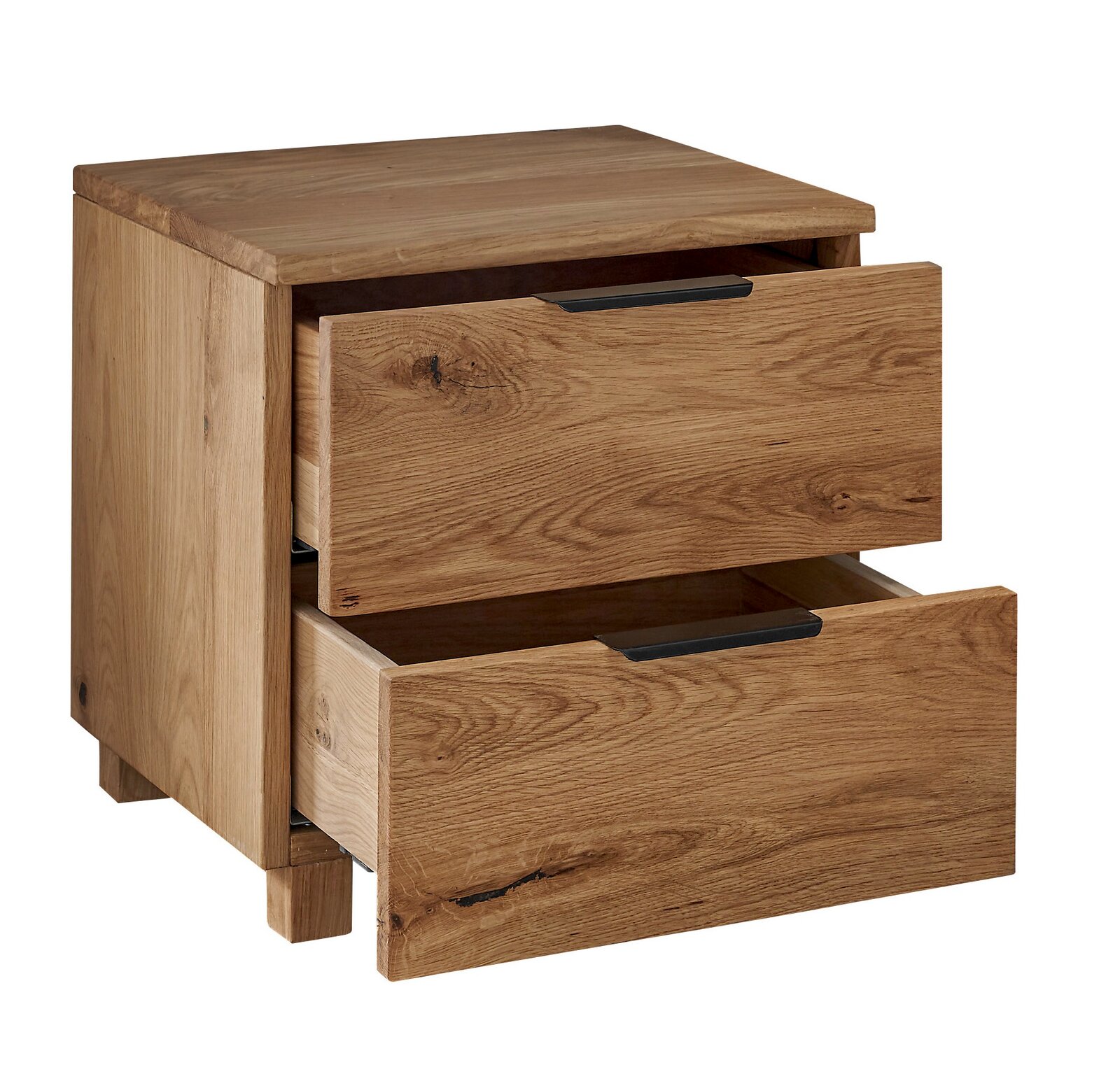 Nachtkommode aus Holz mit zwei offenen Schubladen, seitliche Perspektive