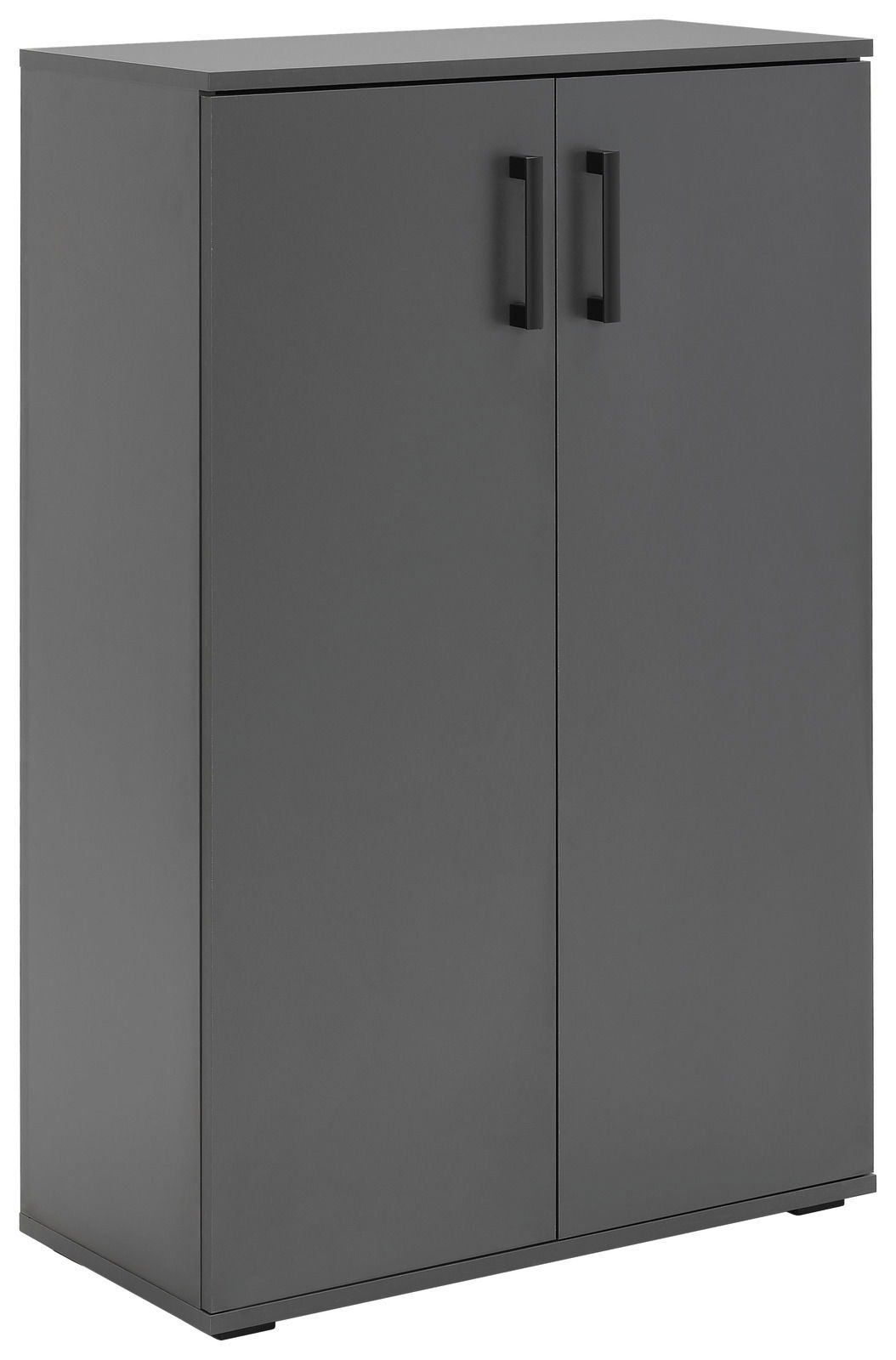 Schwarzer Schuhschrank mit zwei Türen und schwarzen Griffen, seitliche Perspektive