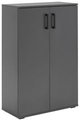 Schwarzer Schuhschrank mit zwei Türen und schwarzen Griffen, seitliche Perspektive