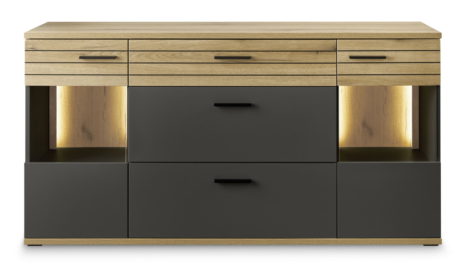 Frontale Ansicht eines modernen Sideboards mit Holz- und dunklen Elementen, beleuchteten Fächern und mehreren Schubladen.