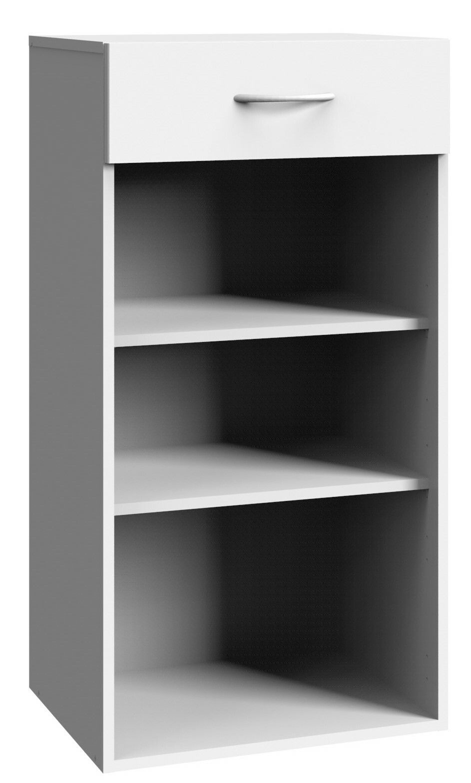 Weißes niedriges Regal mit drei offenen Fächern und einer Schublade, Frontalansicht
