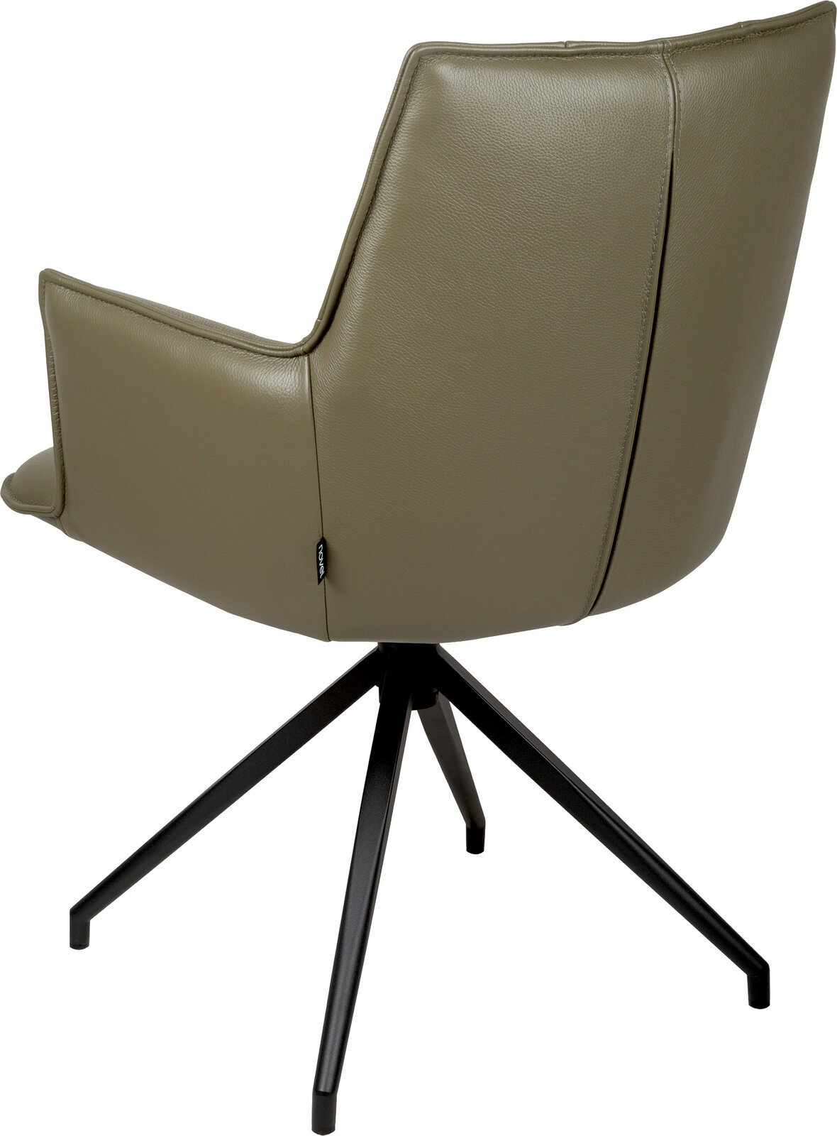 Moderner Polsterstuhl mit Armlehnen in Taupe-Lederoptik und schwarzem Metall-Drehkreuzgestell, Ansicht schräg von hinten/seitlich