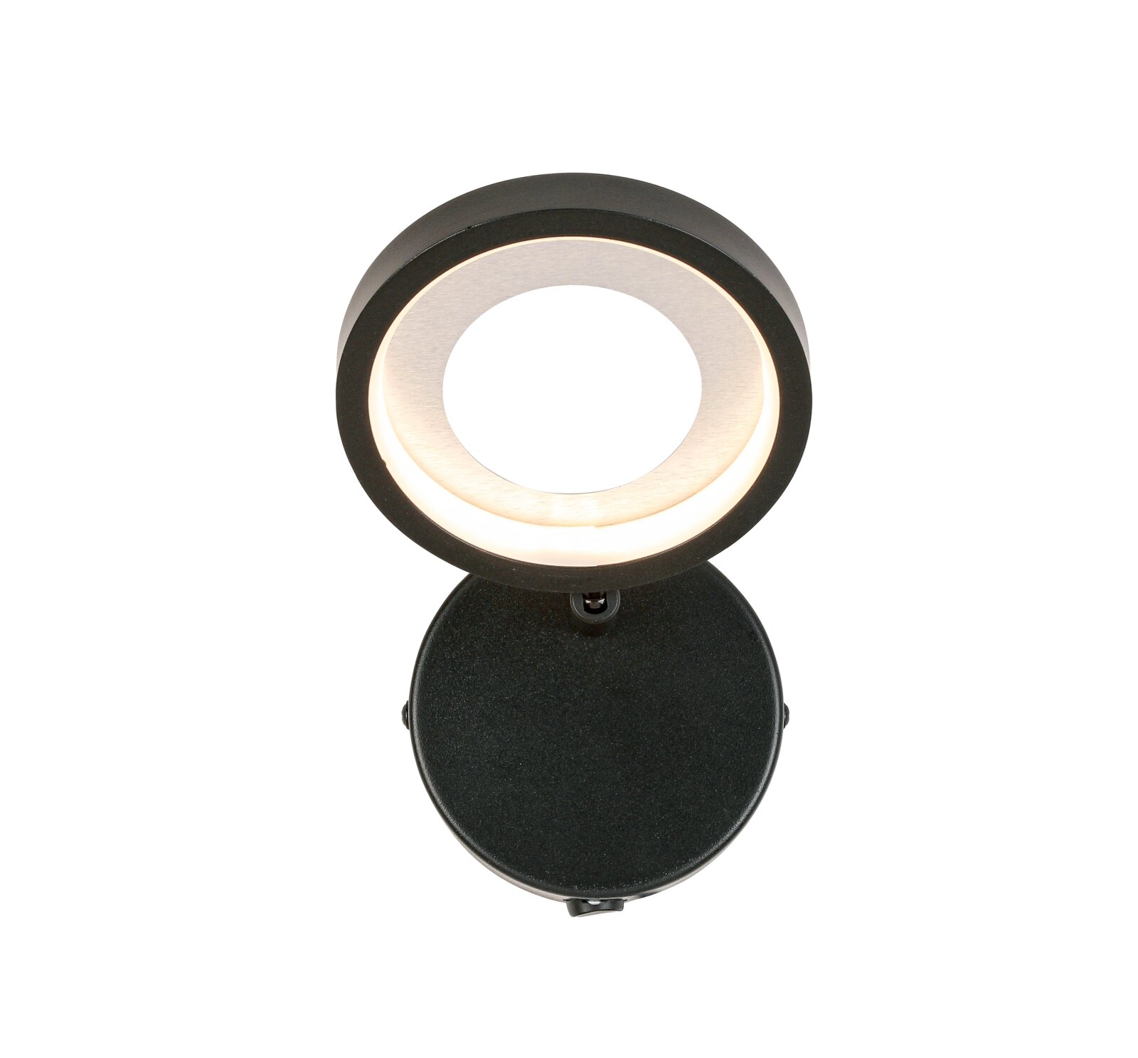 LED-Strahler in schwarzem Gehäuse, von oben betrachtet, mit leuchtendem Ring.