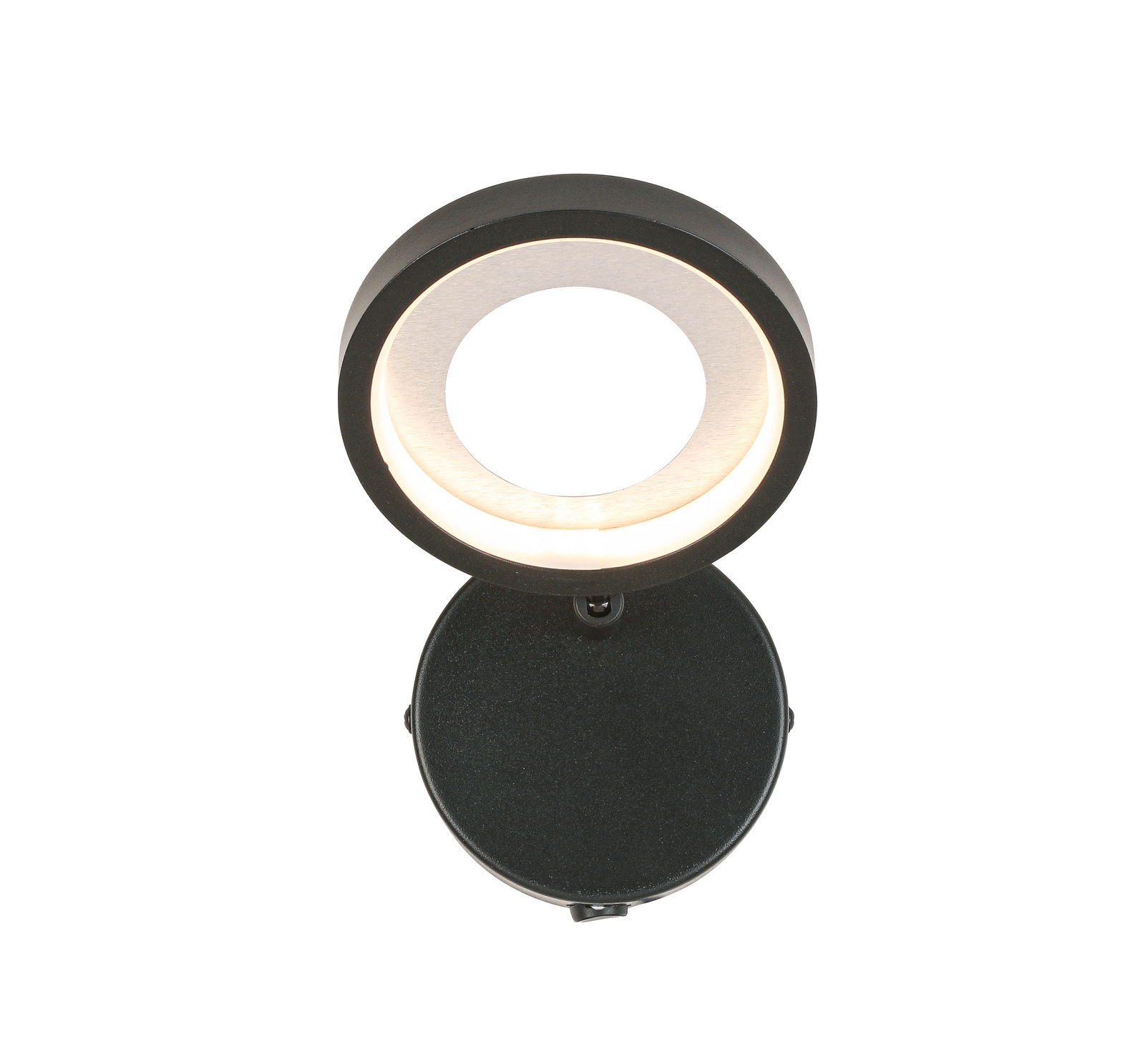 LED-Strahler in schwarzem Gehäuse, von oben betrachtet, mit leuchtendem Ring.