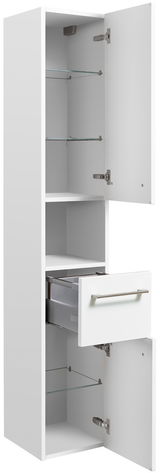 Weißer Hochschrank mit zwei geöffneten Türen und einer Schublade, seitliche Perspektive