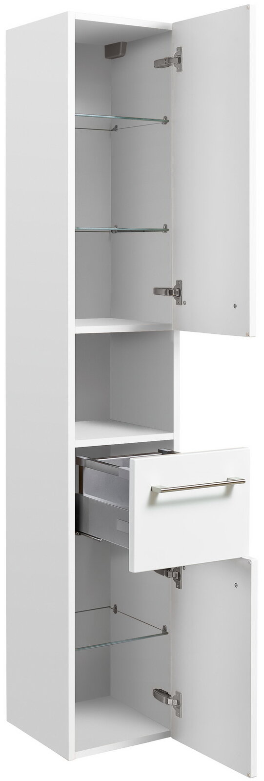 Sadena Hochschrank PLAKA Weißer Hochschrank mit zwei geöffneten Türen und einer Schublade, seitliche Perspektive