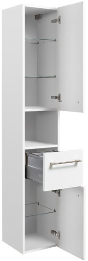 Weißer Hochschrank mit zwei geöffneten Türen und einer Schublade, seitliche Perspektive