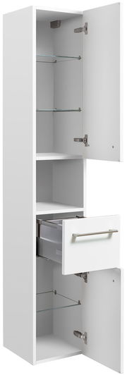 Weißer Hochschrank mit zwei geöffneten Türen und einer Schublade, seitliche Perspektive