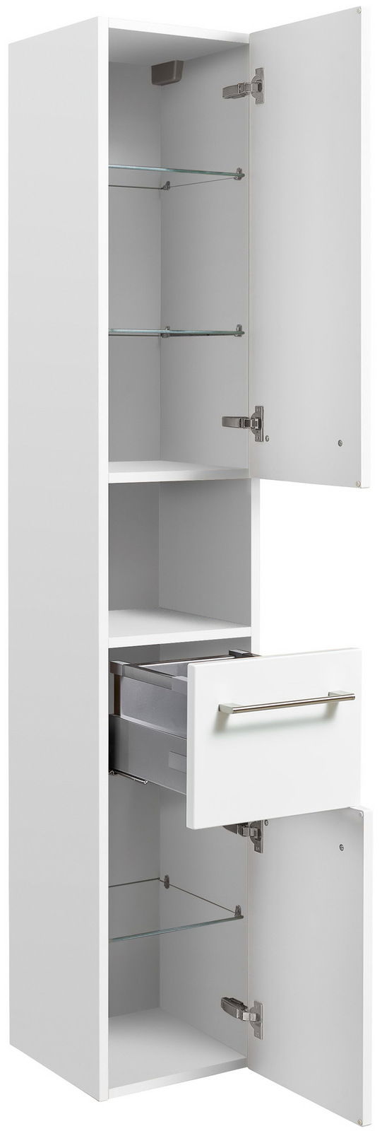 Weißer Hochschrank mit zwei geöffneten Türen und einer Schublade, seitliche Perspektive