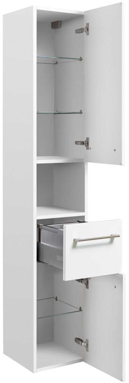 Weißer Hochschrank mit zwei geöffneten Türen und einer Schublade, seitliche Perspektive