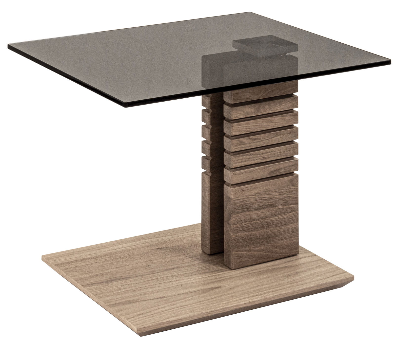 Moderner Beistelltisch mit Glasplatte und Holzfuß, seitliche Perspektive