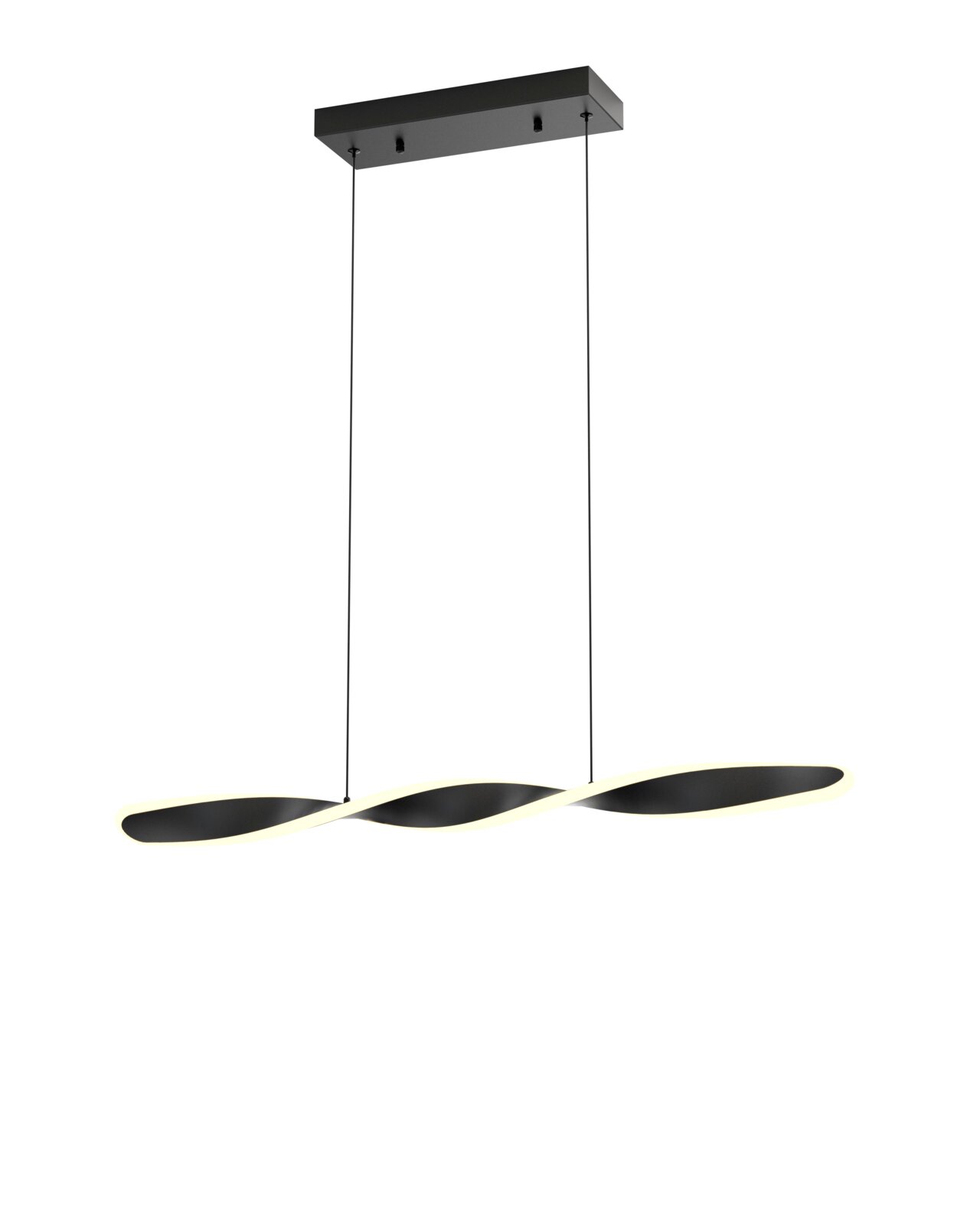 Moderne LED-hanglamp met een gebogen vormgeving, zijaanzicht