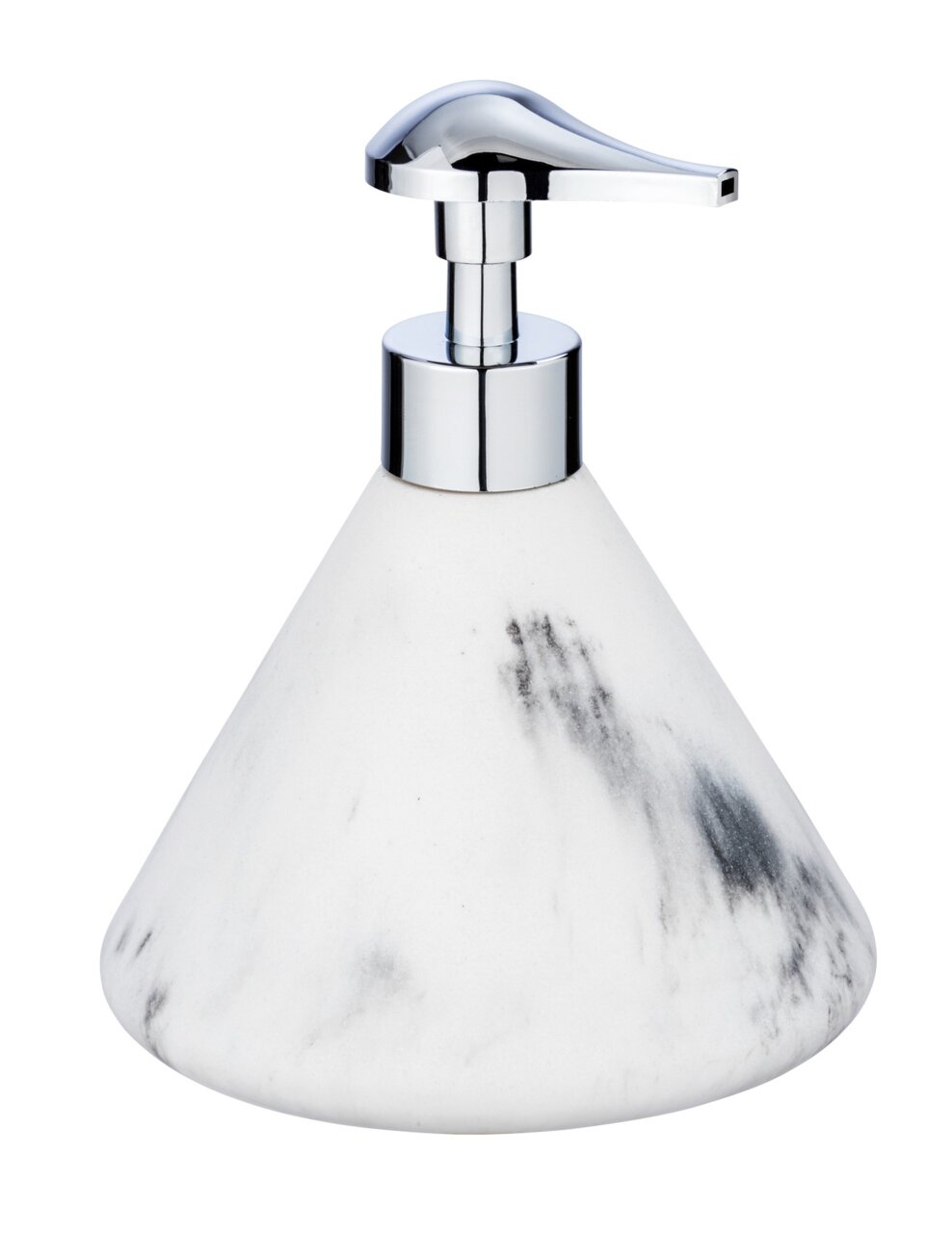 Moderner Seifenspender Desio in Kegelform mit marmoriertem Design und glänzendem Chrom-Pumpkopf, seitliche Perspektive.