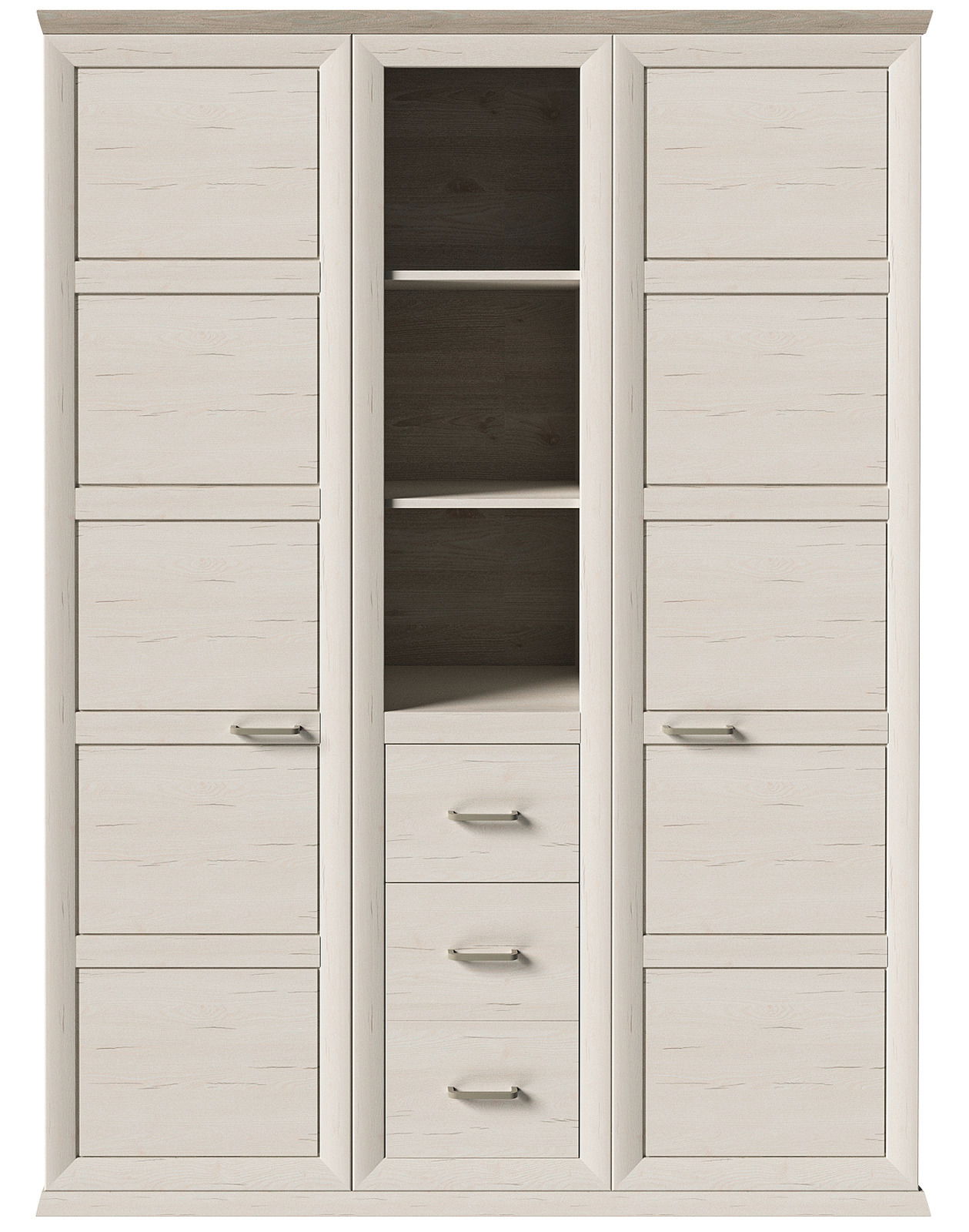 Drehtürenschrank 2-türig in heller Holzoptik mit mittigem Regal und Schubladen, Frontalansicht