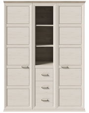 Drehtürenschrank 2-türig in heller Holzoptik mit mittigem Regal und Schubladen, Frontalansicht