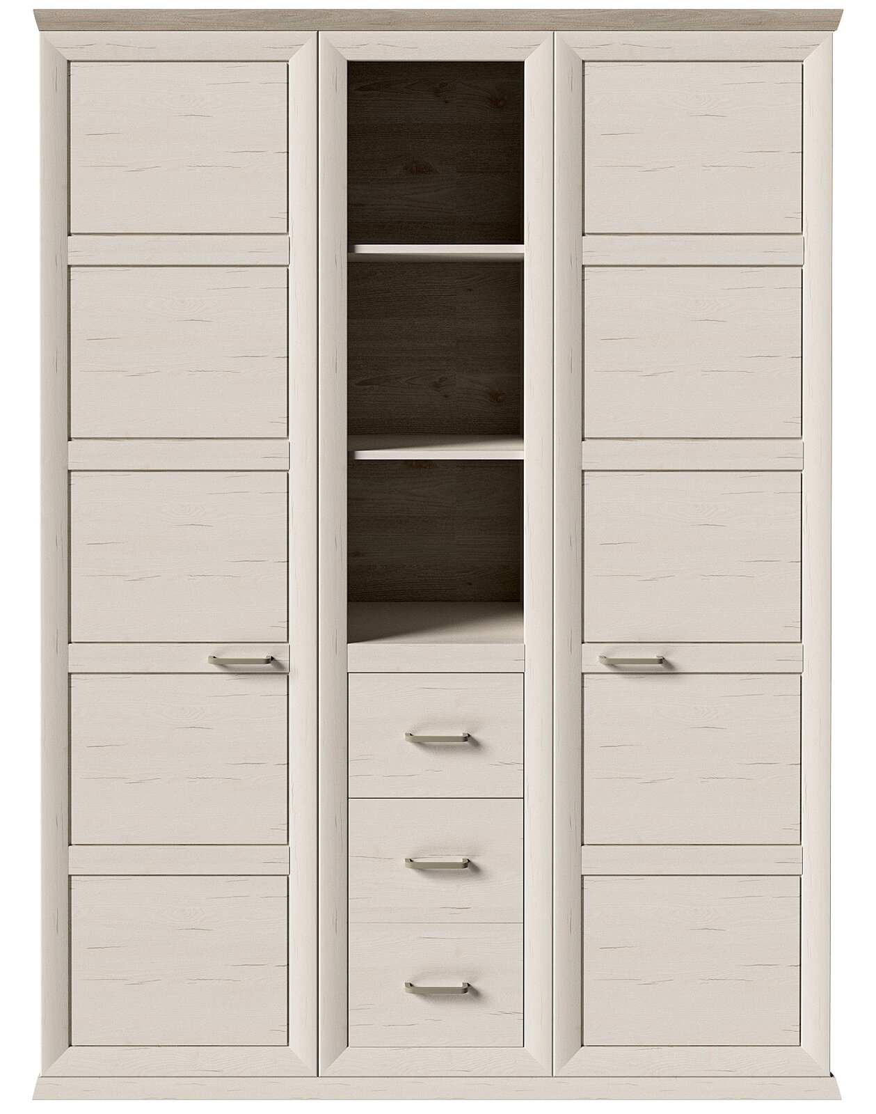 Drehtürenschrank 2-türig in heller Holzoptik mit mittigem Regal und Schubladen, Frontalansicht