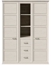 Drehtürenschrank 2-türig in heller Holzoptik mit mittigem Regal und Schubladen, Frontalansicht