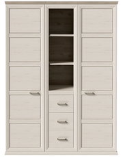 Drehtürenschrank 2-türig in heller Holzoptik mit mittigem Regal und Schubladen, Frontalansicht