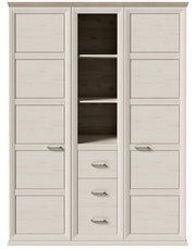 Drehtürenschrank 2-türig in heller Holzoptik mit mittigem Regal und Schubladen, Frontalansicht