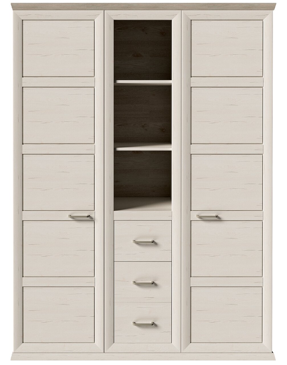 Kast met twee draaideuren in lichte houtlook, met een plank in het midden en lades, vooraanzicht
