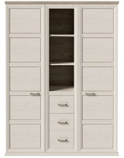 Drehtürenschrank 2-türig in heller Holzoptik mit mittigem Regal und Schubladen, Frontalansicht